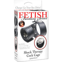 a white display box depicting a black double strapped cock cage with an attached remote