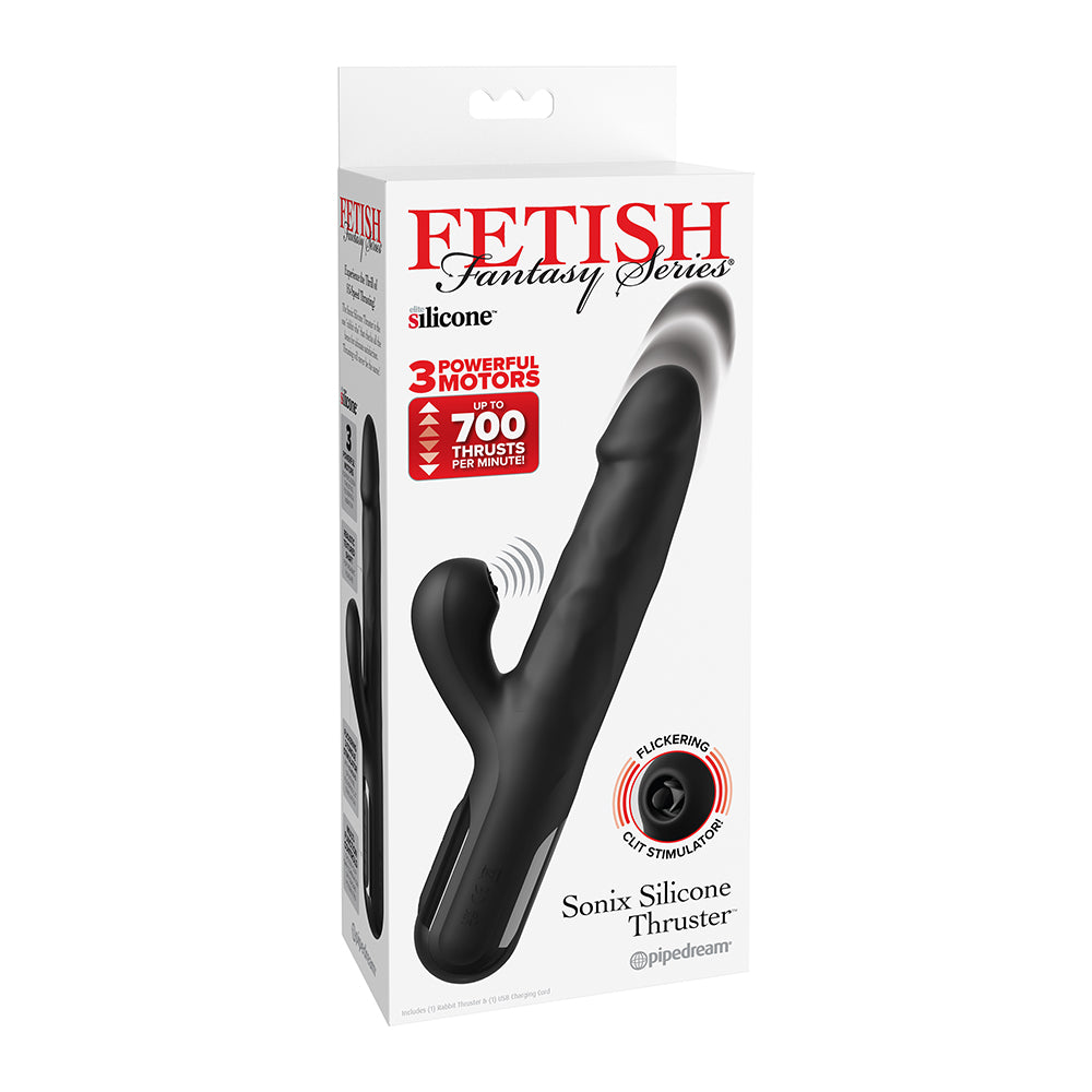 black thrusting vibrator with penis shaped head, clitoral flickering stimulation. on box packaging 