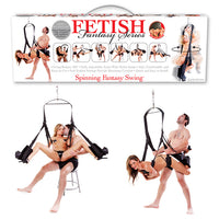 white box with handle showing a male and female couple using spinning sex swing, beow show a couple suing the sex swing in 2 different postions