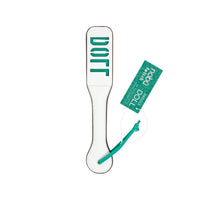 white paddle with the lettering doll on a white background