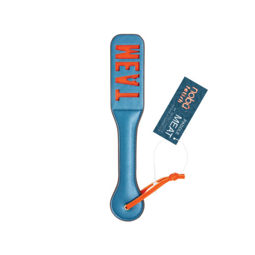 A blue leather paddle-style strap with orange stitching, featuring the word 'MEAT' in orange letters, a matching orange loop, and a dark blue product tag 