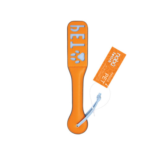 An orange paddle made of leather, featuring the word 'PET' and a paw print in light blue, with a matching light blue leash strap and a branded orange hangtag.