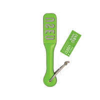 A bright lime green used leather paddle with silver-toned hardware and a green 'USED' product tag, shown on a plain white background.