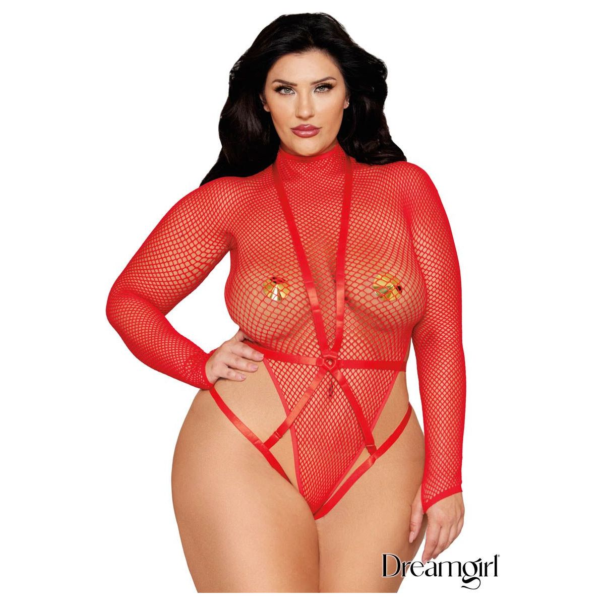 brunette plus size female wearing red Seamless net high leg teddy with long sleeves feauring finger loops, a high mock neck and a thong-cut back, front view