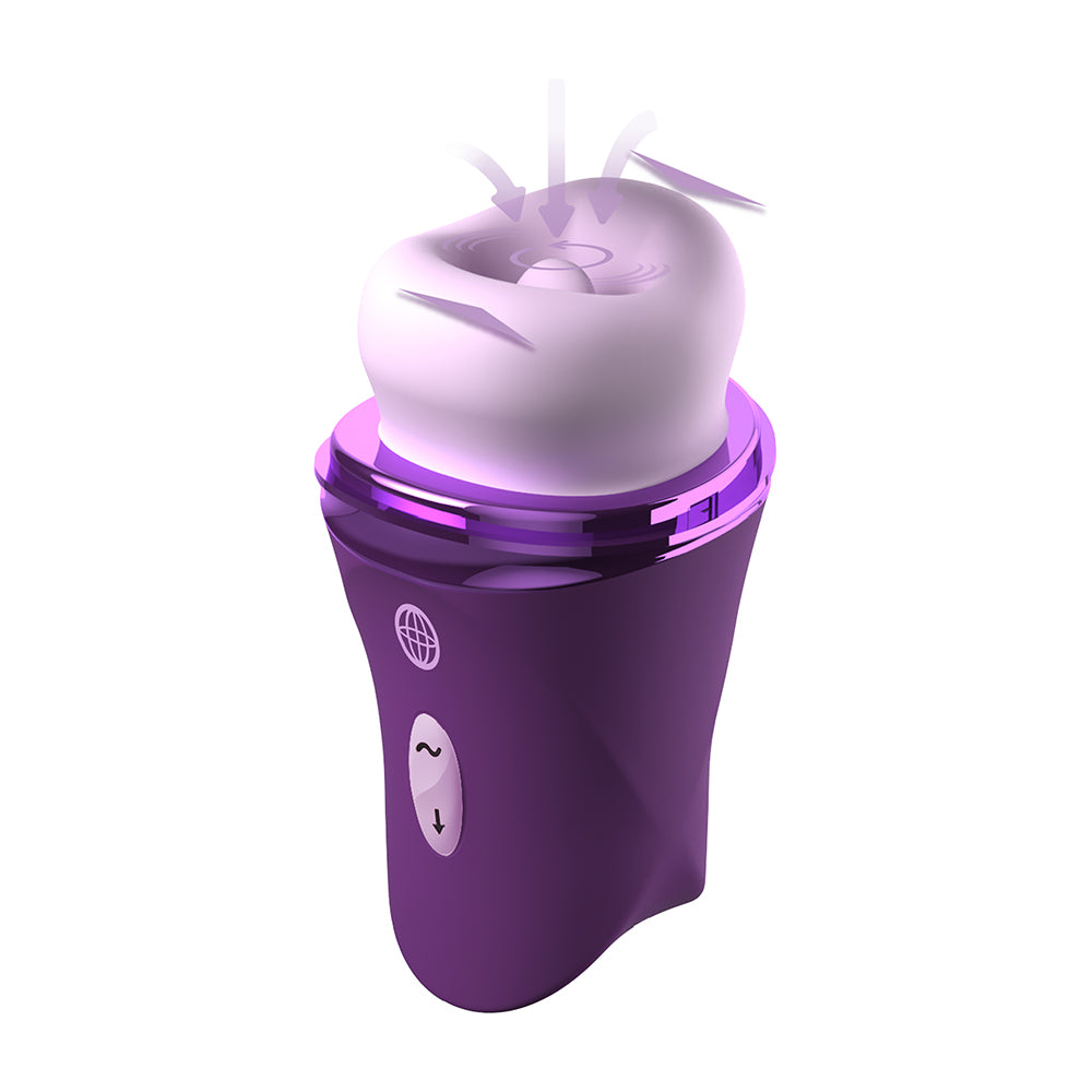 A purple and lavender handheld clitoral device with a rounded body, a shiny metallic purple collar, and a white top  shown on a plain white background.