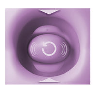 A purple instructional graphic showing a circular control button with a white refresh symbol and sound air icons inside a circular opening, framed by a purple square on a white background.