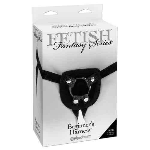 Package of a black harness with 'Fetish Fantasy Series' branding on a white background