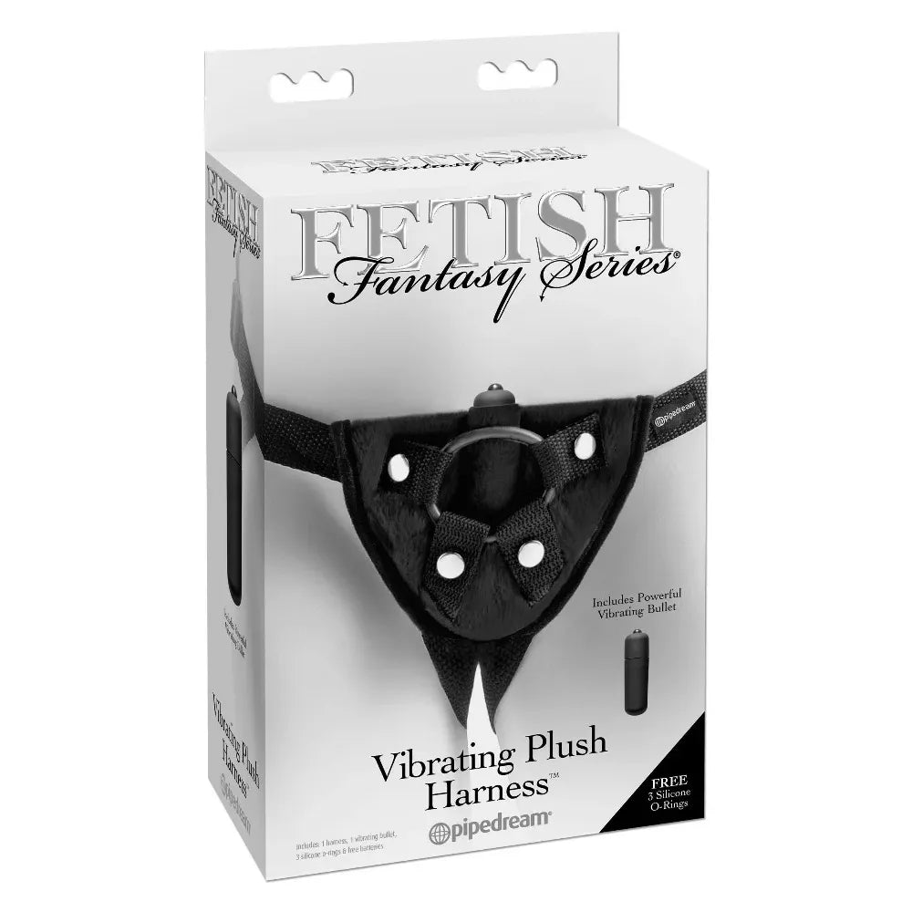 Box of Fetish Fantasy Series Vibrating Plush Harness with black harness illustration on white background