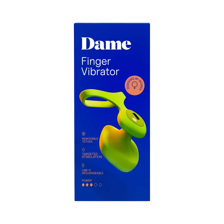 Box of a finger vibrator with 'Dame' branding on a white background
