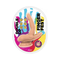 hand with finger up in the air dildo, suction cup base in vibrant colored packaging