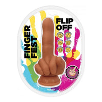 hand dildo flipping off the middle finger with suction cup bottom, vibrant colored packaging