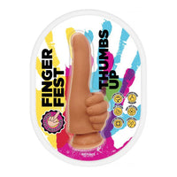 hand dildo with the thumb in the air, suction cup bottom, vibrant color packaging