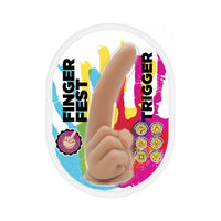 hand dildo with finger raised high in the air with suction cup bottom, vibrant colored packaging