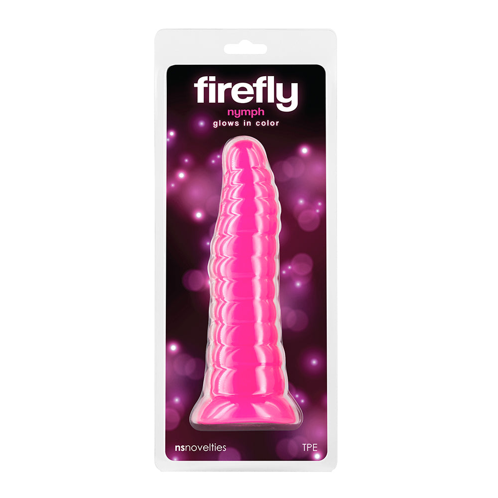 pink waved dildo with ridges, glows in the dark