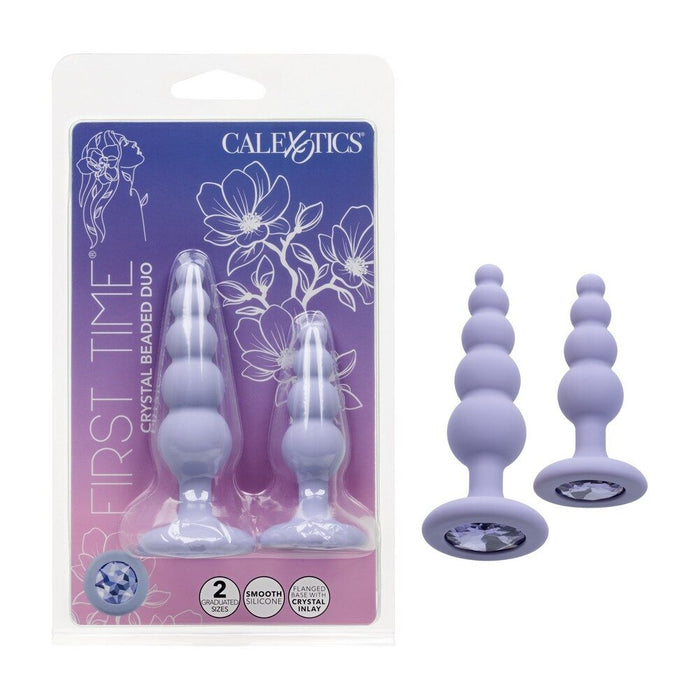 Calexotics First Time Crystal Beaded Duo product packaging with two purple silicone beads on a white background.