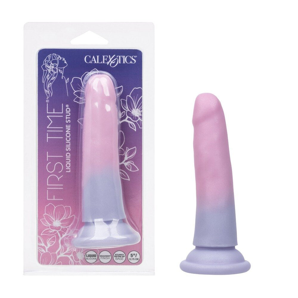 Purple silicone dildo with packaging featuring 'Calexotics' branding on a white background.