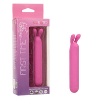 pink vibrating bullet with bunny ears on top, beside box packaging