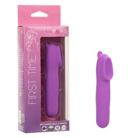 purple vibrating bullet with nub on top, ridged clitoral stimulator on front top, beside box packaging
