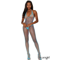 Model wearing a fishnet bodystocking with blue accents on a white background, featuring the brand 'Dreamgirl'.