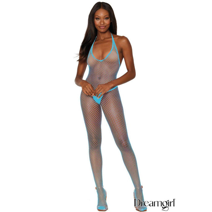Model wearing a fishnet bodystocking with blue accents on a white background, featuring the brand 'Dreamgirl'.