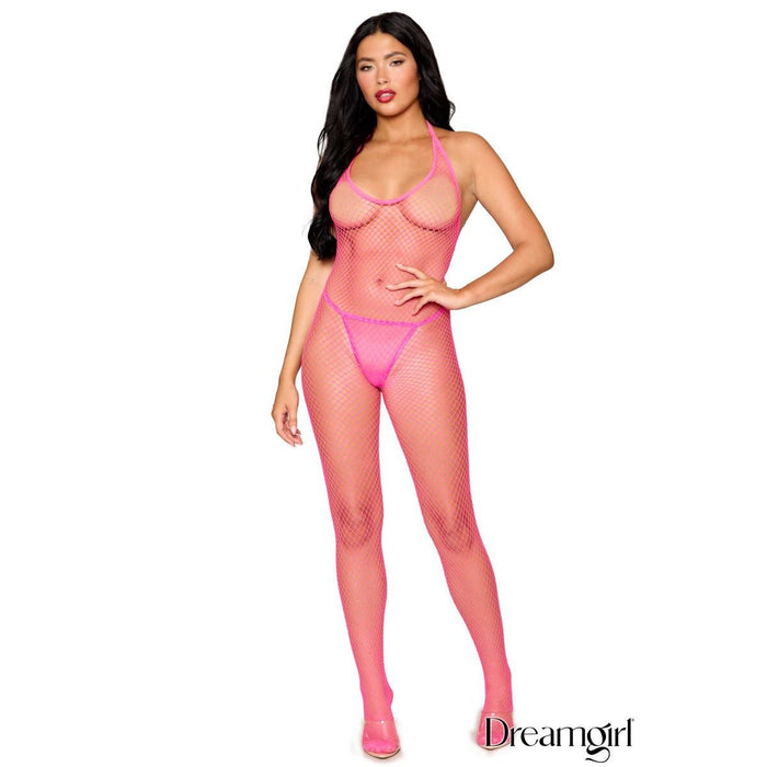 Woman wearing a pink fishnet bodystocking with matching stockings on a white background, branded 'Dreamgirl'.