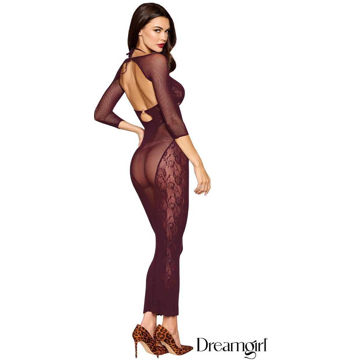 female waring Fishnet shrug with 3/4 sleeves,  a tie-back closure
- Seamless net gown with lace sides, a halter tie-neck neckline back featuring decorative rings