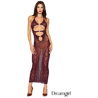 brunette female wearing Fishnet shrug with 3/4 sleeves, a decorative front ring and a tie-back closure
- Seamless net gown with lace sides, a halter tie-neck neckline and a deep plunge front featuring decorative rings, front view