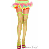fishnet thigh high with thick top band in neon green