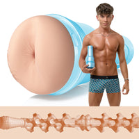 Drake Von Cock'd & Loaded holding a blue fleshlight with a close-up of a beige product and its cross-section.