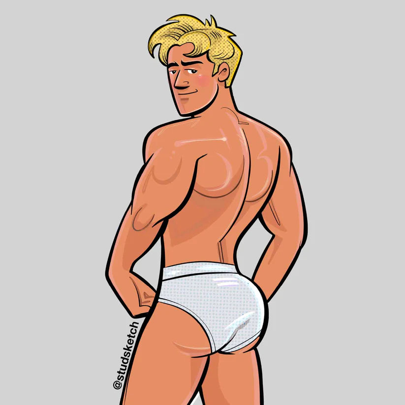 Cartoon of a muscular man in white underwear on a gray background