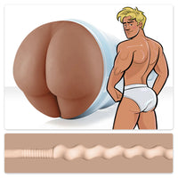 Illustration of a man in underwear with a close-up of a butt fleshlight masturbator with texture