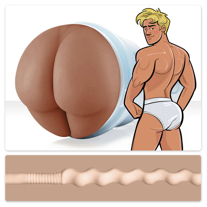 Illustration of a man in underwear with a close-up of a butt fleshlight masturbator with texture