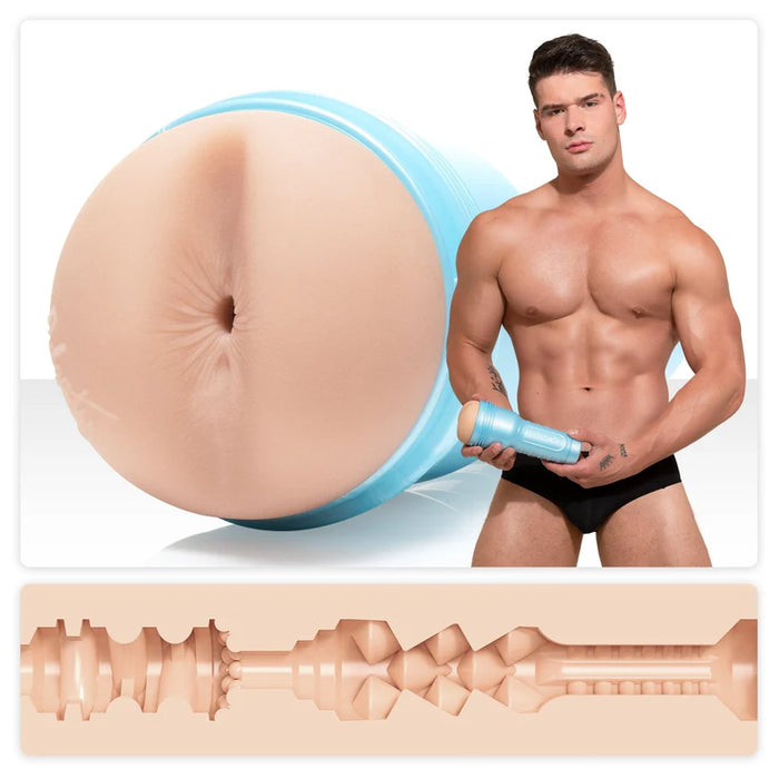 malik delgaty in black under wear holding a replica fleshlight masturbator with texture