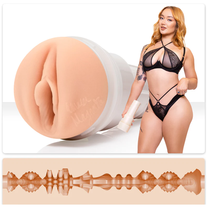 emma magnolia in black lingerie holding a fleshlight with close-up details on a white background