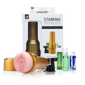 Fleshlight Stamina training unit with packaging and accessories on a white background