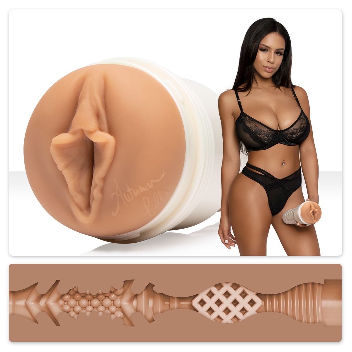 fleshlight autumn falls in black lingerie holding fleshlight- source adult toys