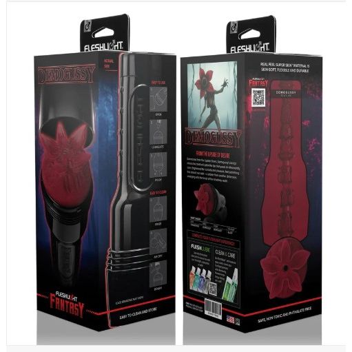 Fleshlight Demogussy Fantasy Stroker Vital kit retail packaging shown from multiple angles, featuring a black box with red and white graphics and a photo of the product on the front.