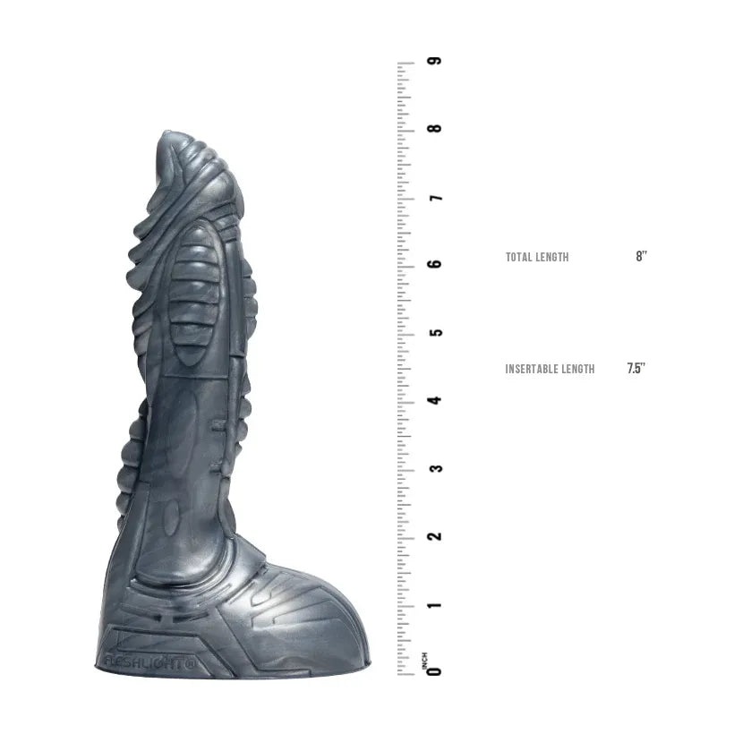 fleshlight fantasy cyborg dildo with measurement scale on a white background