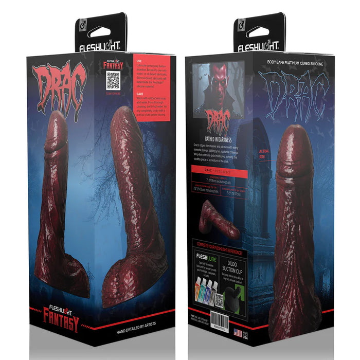Fleshlight Fantasy drac dildo with packaging with detailed graphics and branding.