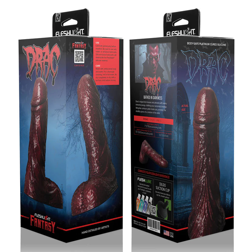 Fleshlight Fantasy drac dildo with packaging with detailed graphics and branding.
