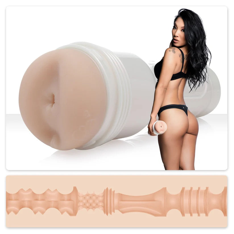 adult star asa akira standing beside molded butt fleshlight masturbator with texture