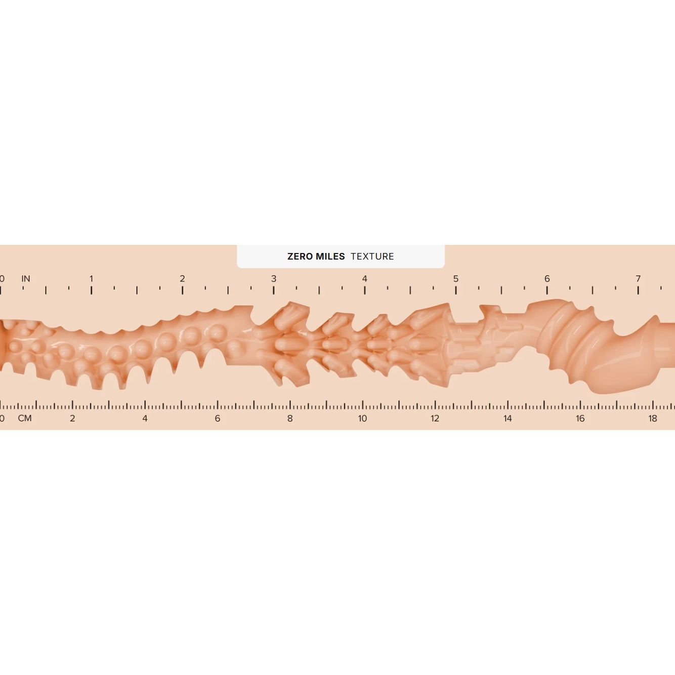 A close-up texture sample labeled 'ZERO MILES TEXTURE' showing a peach-beige surface with a fine, slightly wavy pattern and measurement rulers along the top and bottom edges.
