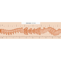 A close-up texture sample labeled 'ZERO MILES TEXTURE' showing a peach-beige surface with a fine, slightly wavy pattern and measurement rulers along the top and bottom edges.