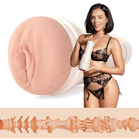 Close-up of the Fleshlight Girls Eve Sweet Fleur De Soiree masturbator sleeve with textured canal detail, alongside Eve Sweet in black lace lingerie holding the product.