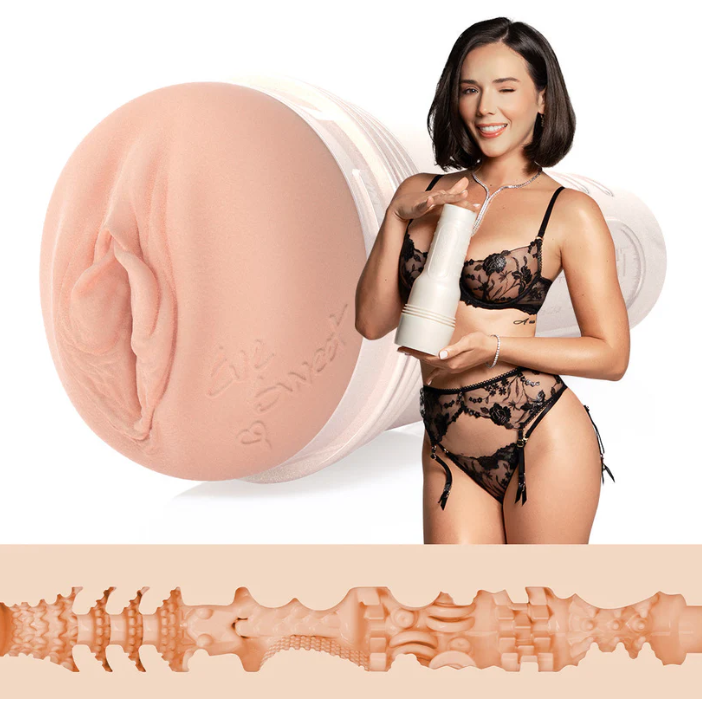 Close-up of the Fleshlight Girls Eve Sweet Fleur De Soiree masturbator sleeve with textured canal detail, alongside Eve Sweet in black lace lingerie holding the product.