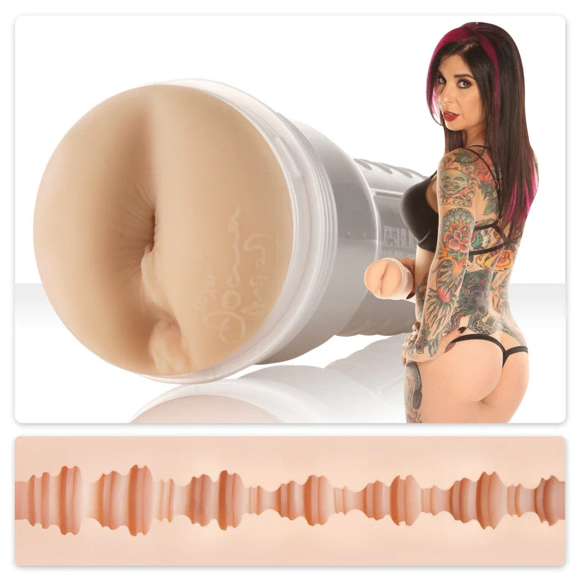 adult star joanna angel standing beside molded butt fleshlight masturabtor with texture