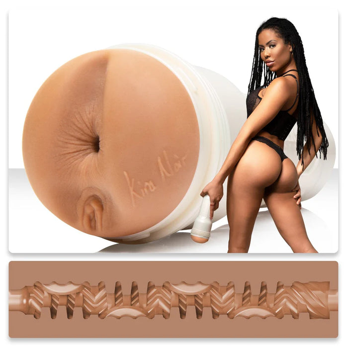 adult star kira noir standing beside molded butt fleshlight masturbator with texture