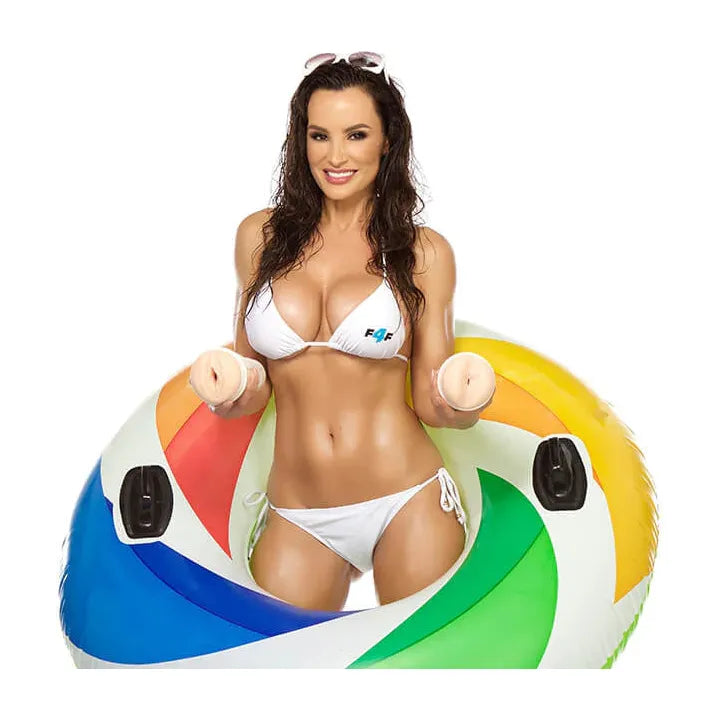brunette female with white bikini holding masturbators