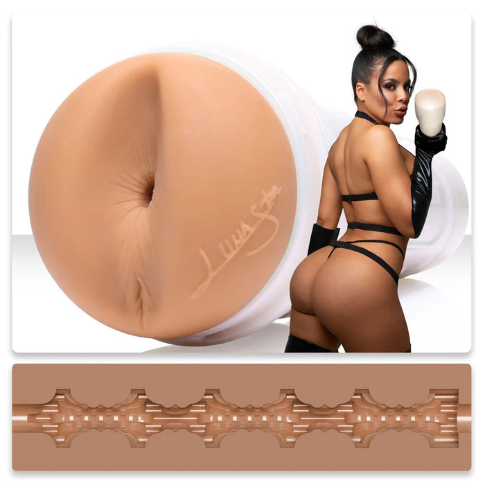 adult star luna star standing beside molded butt fleshlight masturbator with texture