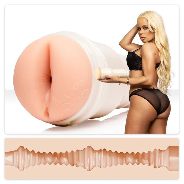 adult star nikki delano standing beside molded butt fleshlight masturbator with texture